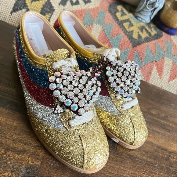 GUCCI Rare ‘Falacer’ Gold Glitter Cupid Heart Sneakers EU38 - Picture 3 of 15